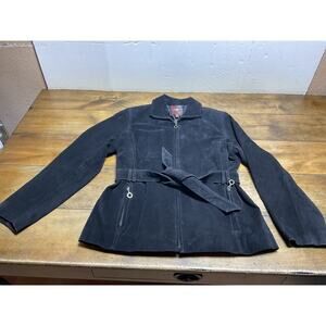 G-III Vtg Suede Jacket Women Medium Black 100% Leather Coat Quilted Belt Y2K 90s